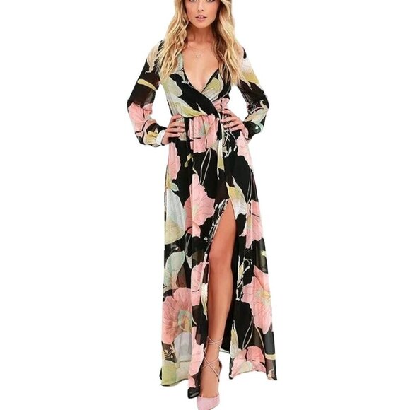 Lulus Wondrous Water Lilies Maxi Dress With Long Sleeves & Floral Print Size S - Picture 6 of 13